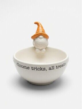 Mud Pie Halloween Gnome Candy Bowl Orange Hat Gnome Tricks All Treats Ceramio
